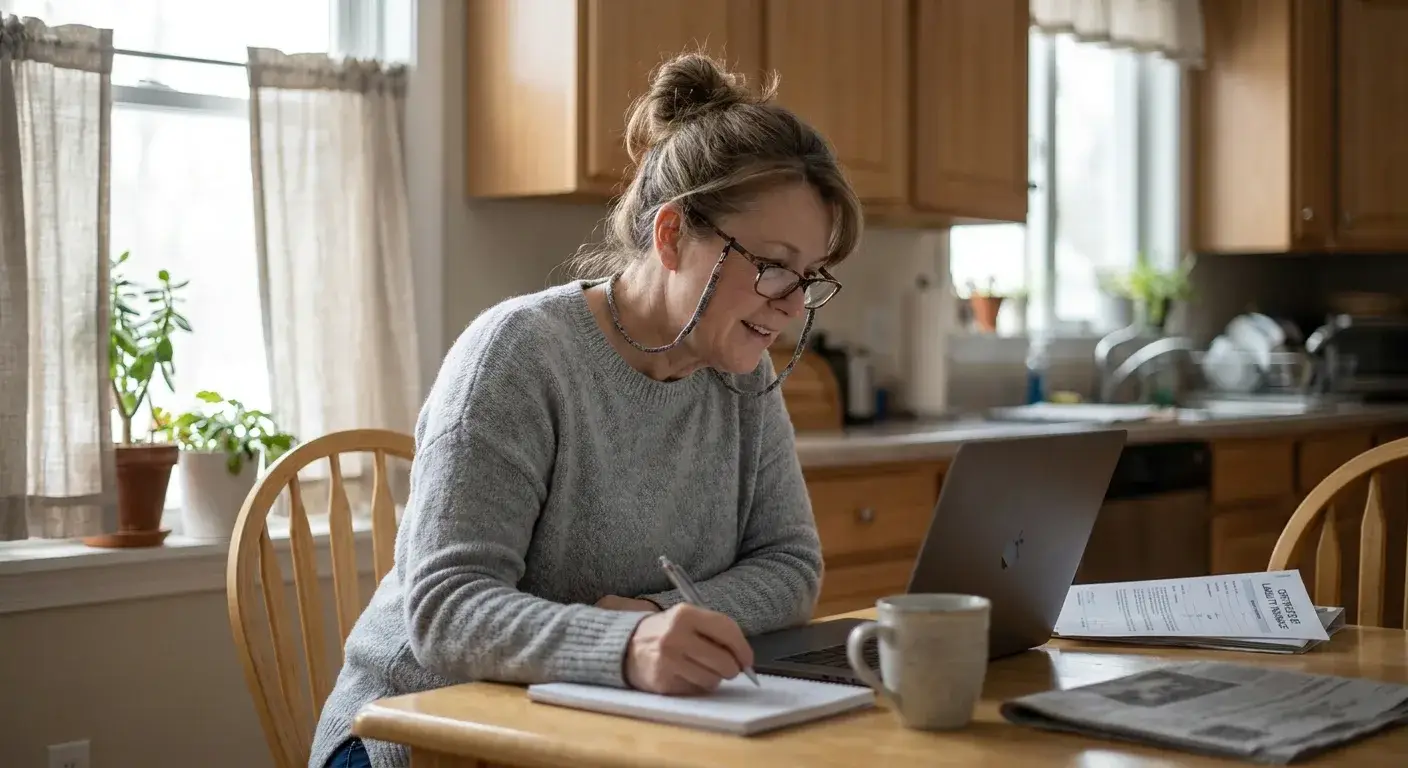 Person using computer to search state license board website for contractor verification information.