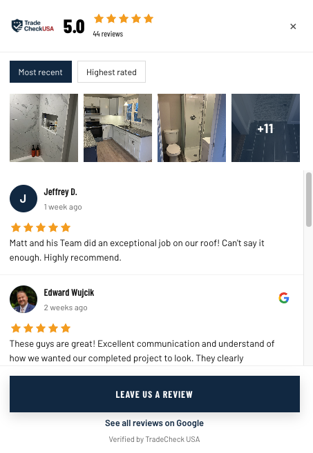 TradeCheck USA live Google reviews widget on a verified business website