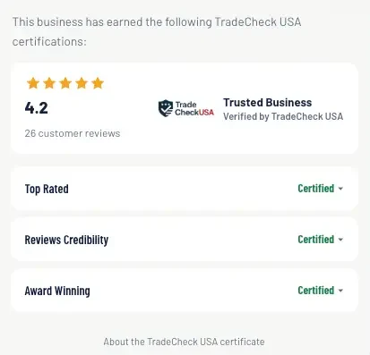 TradeCheck USA Trusted Business certificate showing verified certifications