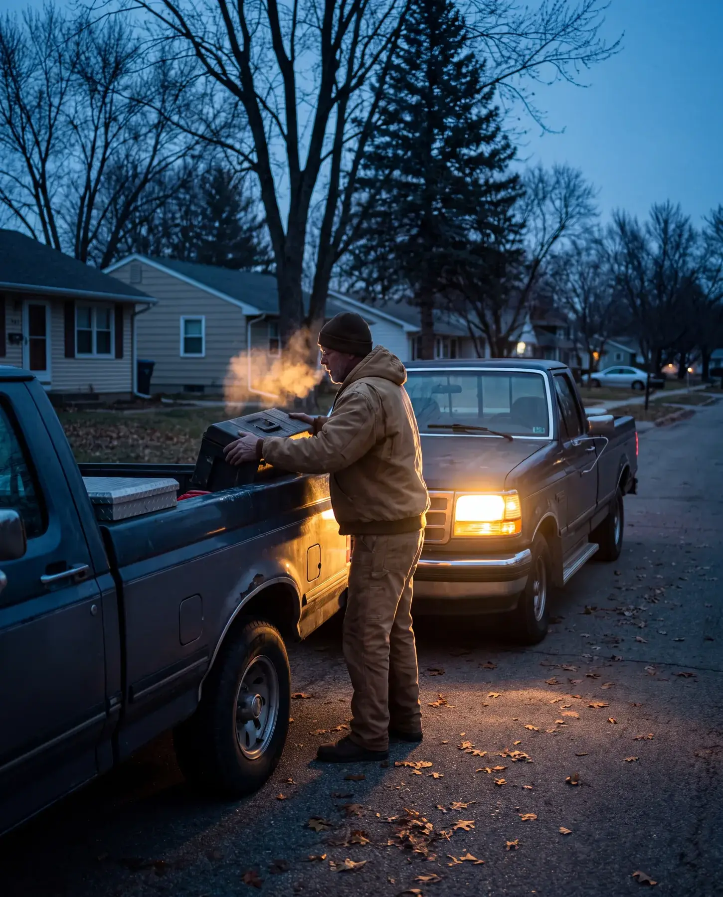 Trade business owner loading tools into his truck before sunrise