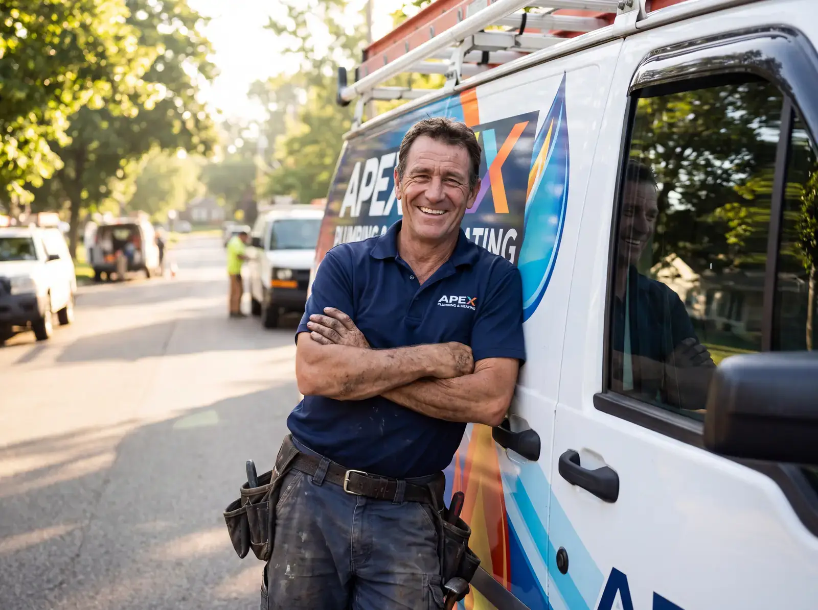 Confident verified contractor standing by his branded work van, winning more jobs